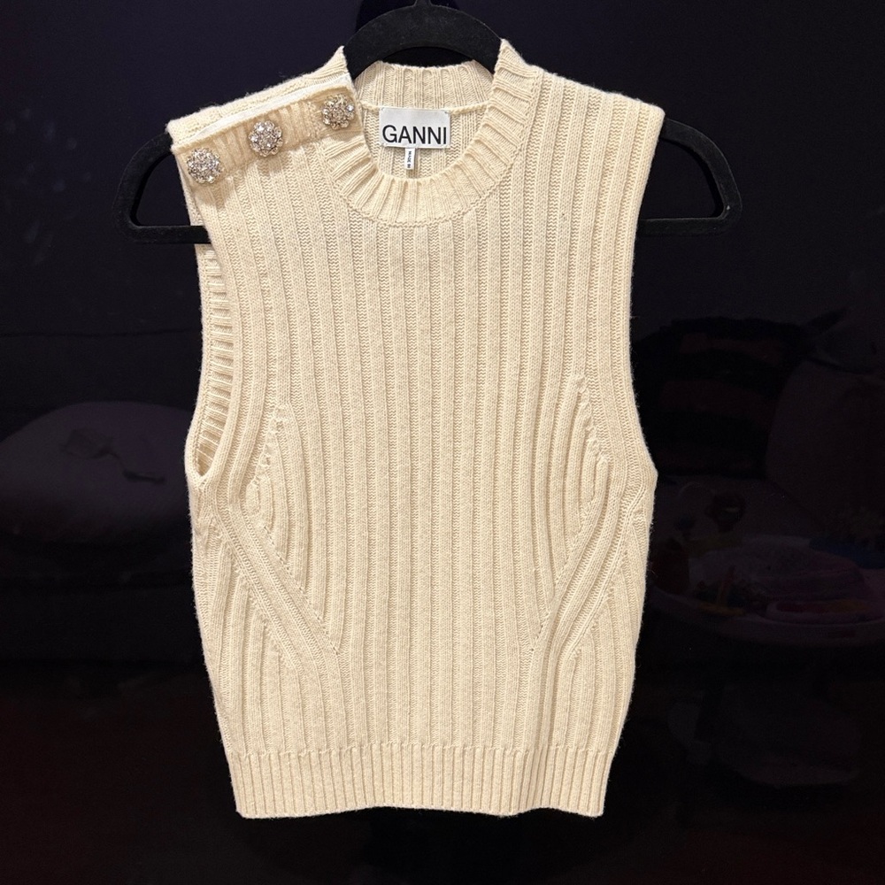 Ganni Beige Ribbed Knit Tank Top with Button Accents